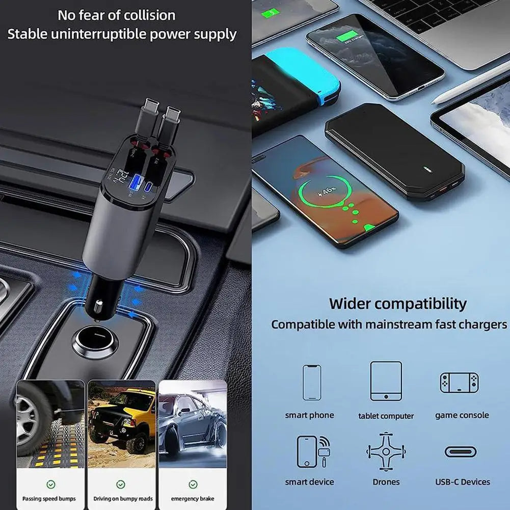 4 IN 1 Car Charger Retractable 66W+20W Super Fast Charging 1 Year Warranty