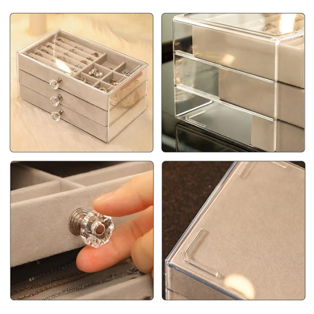 crylic velvet jewelry organizer with three drawers stackable display box