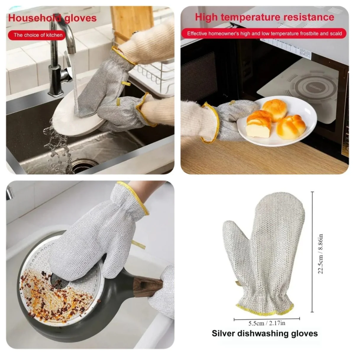 Pack Off 2 Silver Dishwashing Gloves New Hand Protection Steel Wire Cleaning Gloves Anti-scalding Oil-proof Mitten Insulation Wire Dishwashing Pot Washing Gloves
